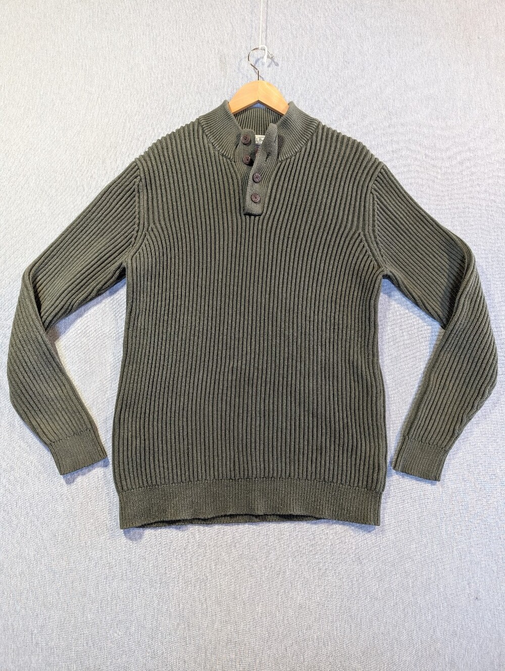 L.L. Bean Ribbed Heavy Knit Sweater Men's XLT Green Cotton Henley Style
